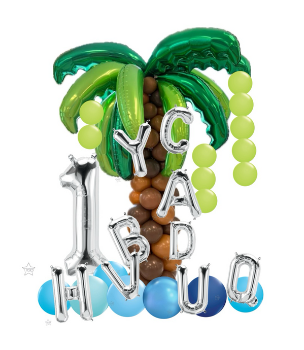 Palm tree 6 feet arrangement. Silver letters and number 1. Shades of Blues balloon base.