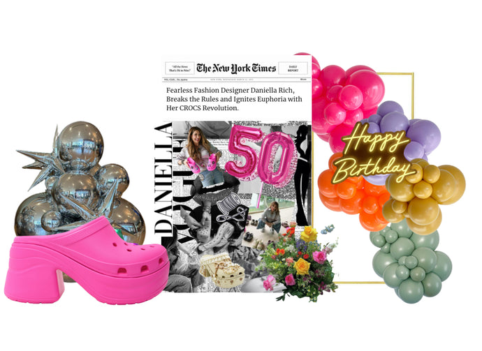 Daniella’s 50 birthday set up. Includes: Backdrop 7’ printing. Croc 4’ printing. 10 ft Garlnd. Flower arrangement, set up, uninstall. Arch, Pedestal, led sign rental. Delivery 03/12 morning.