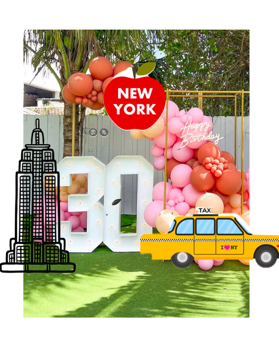 Kayla’s #18 Set up. 4 foamboard cutout: Taxi, Empire State, Apple, plate. Colors: white, silver, red. Delivery: 12/18/2024.